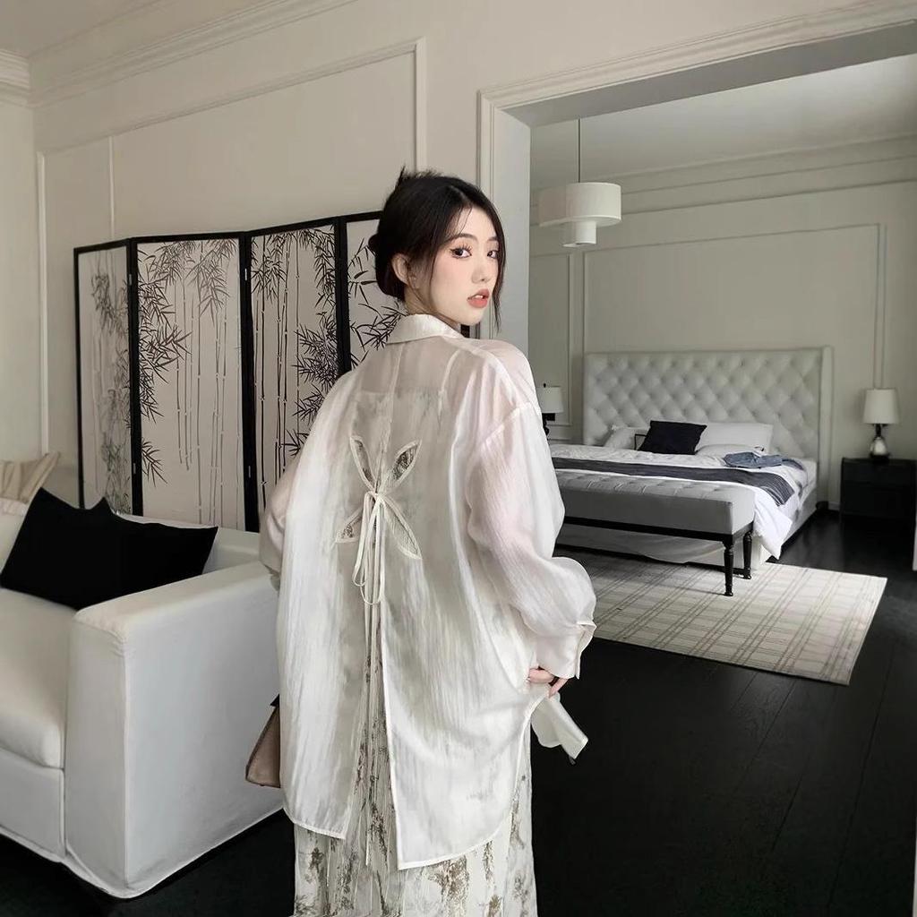 Damski letni kardigan szyfonowy z kołnierzykiem polo: Koszula chroniąca przed słońcem w stylu chińskim