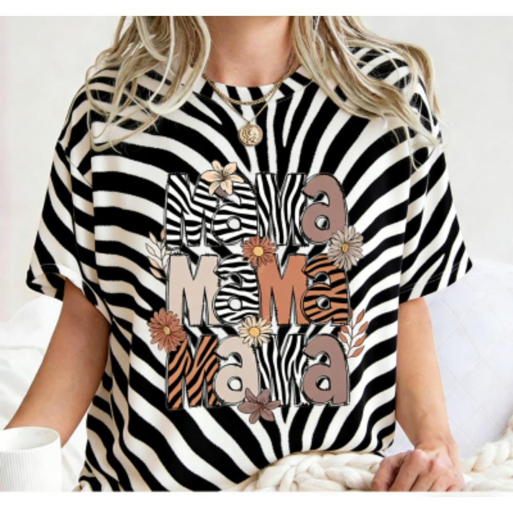 Funny Striped Flower Leopard Mama Print Kids Short Sleeves T-Shirt Loose Casual Summer Outdoor Street Boy and Girl Tees Tops