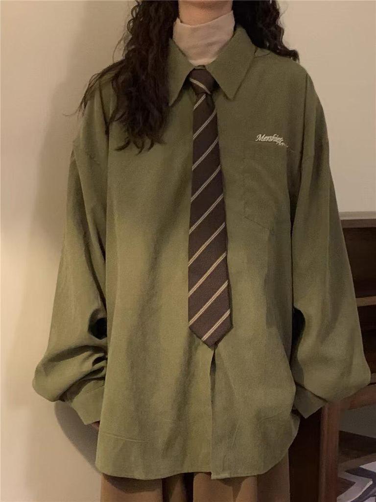 2024 Unisex Green Retro College Style Long-Sleeve Casual Shirt