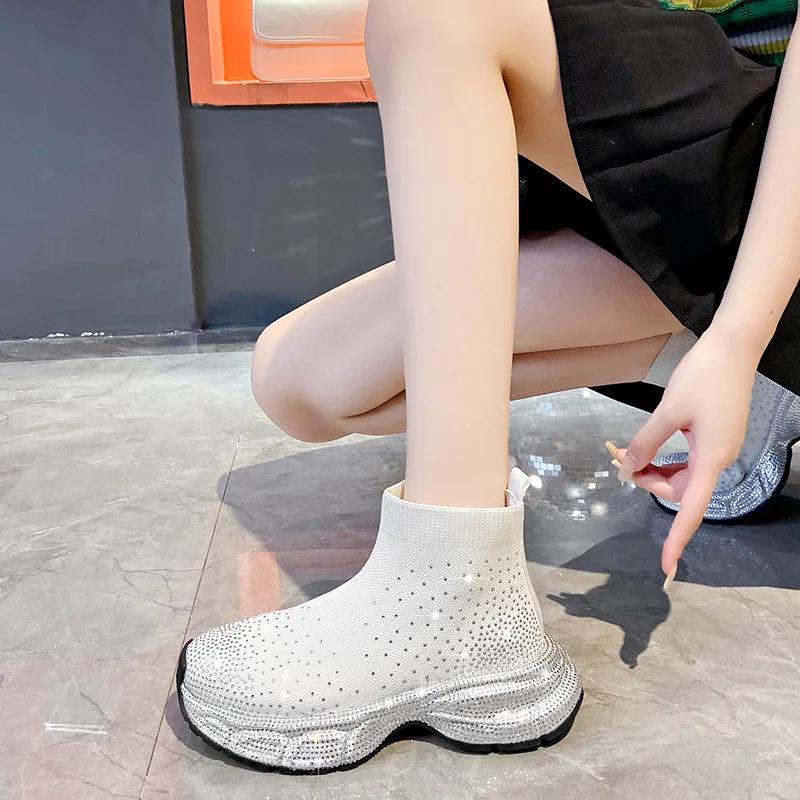 Fashion 2024 New Water Diamond High-top Sports Shoes for Women with Elastic Socks Boots and Spongy Breathable Casual Elevated Shoes