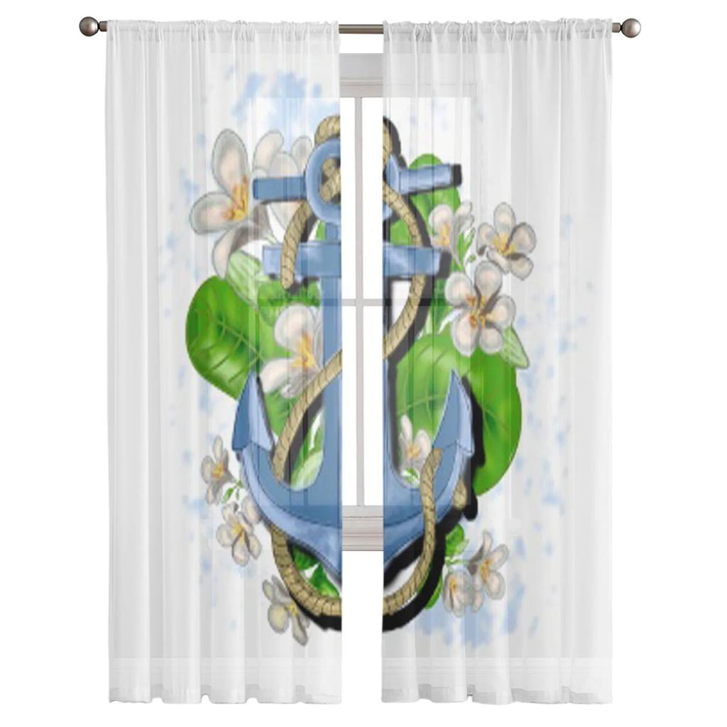 Flowers and Anchor In Boho Style Sheer Window Curtains for Living Room Girl Bedroom Tulle Curtains Kitchen Veil Chiffon Drapes