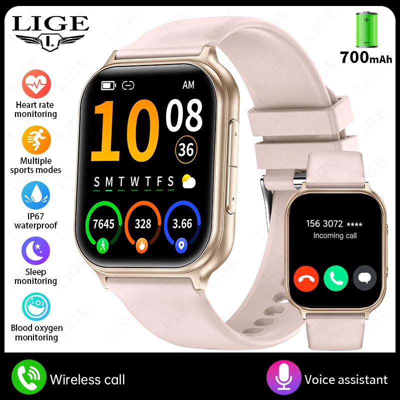 

LIGE New Bluetooth Smartwatch Outdoor Sports Fitness Waterproof Smart Bracelet Men s Gift silicone strap рожевий