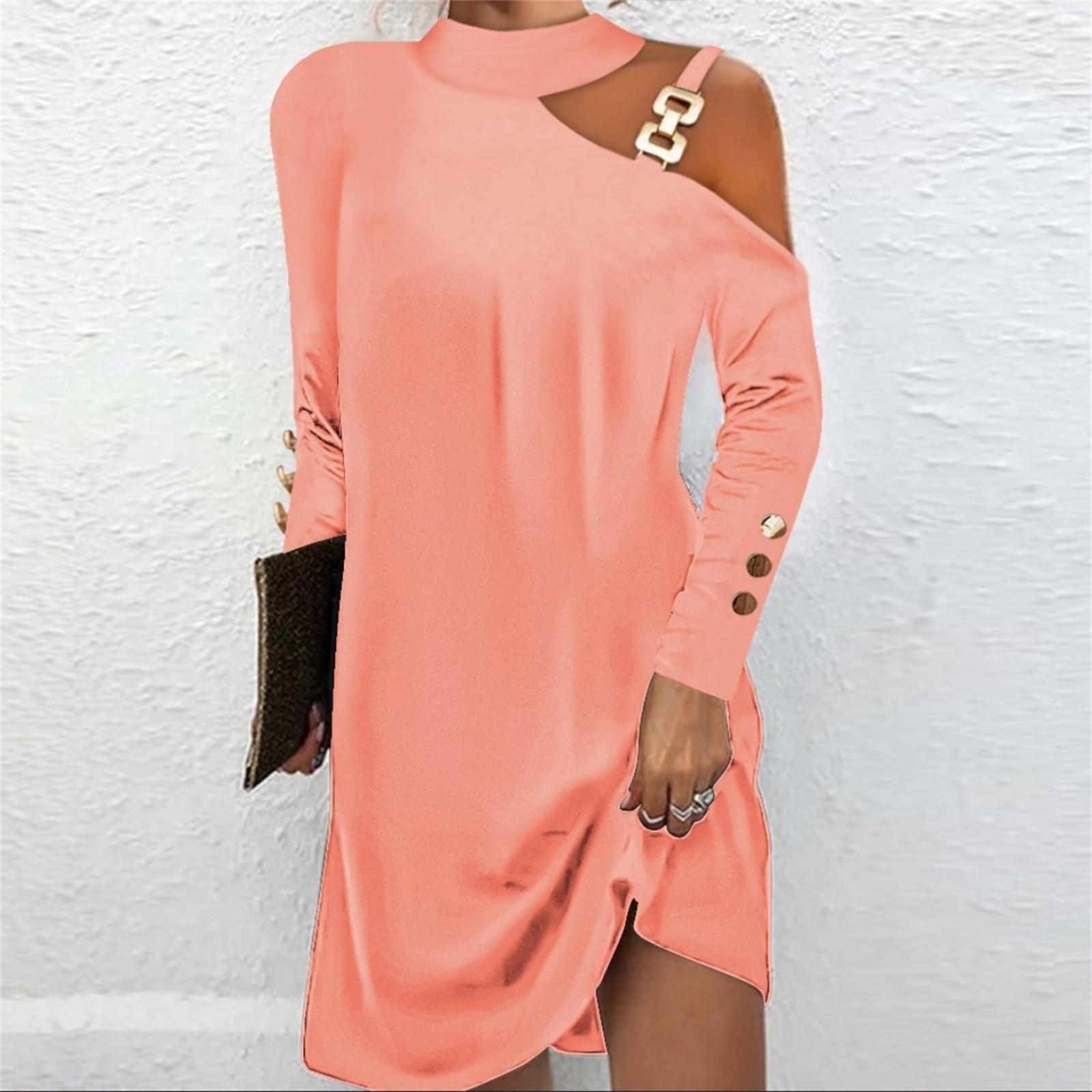 

Женское повседневное однотонное облегающее платье с круглым вырезом и открытыми плечами, длинными рукавами XL розовый