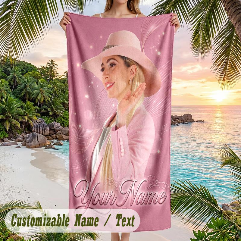 Lady Gaga Beach Towel, Personalized Custom Name Text, Quick Dry Large Absorbent Towel For Beach Pool