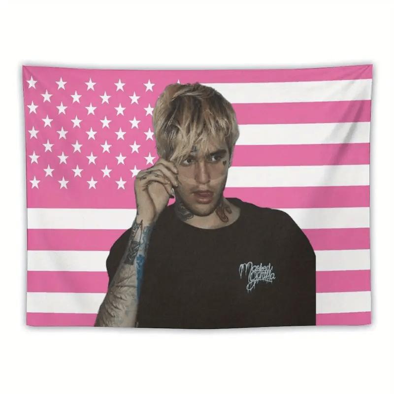 

1Pc Lil Peep Themed Tapestry Pink White American Flag Portrait Polyester Wall Decor for Bedroom Dorm 74x94cm(29x37in)