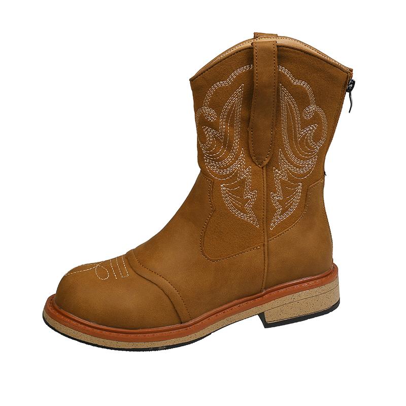 Women'S Retro Mid-Tube Boots Fall New Round Toe Embroidered Rear Zip Platform Non-Slip Block Heel Boots