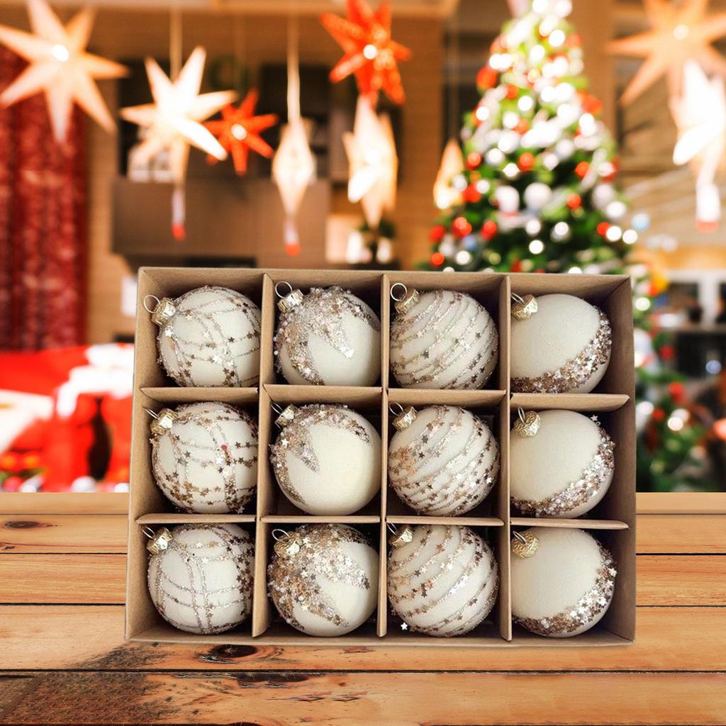 Christmas Tree Decorations Set 12pcs Smooth Flocking Balls White Home Decor for Family Holiday Party