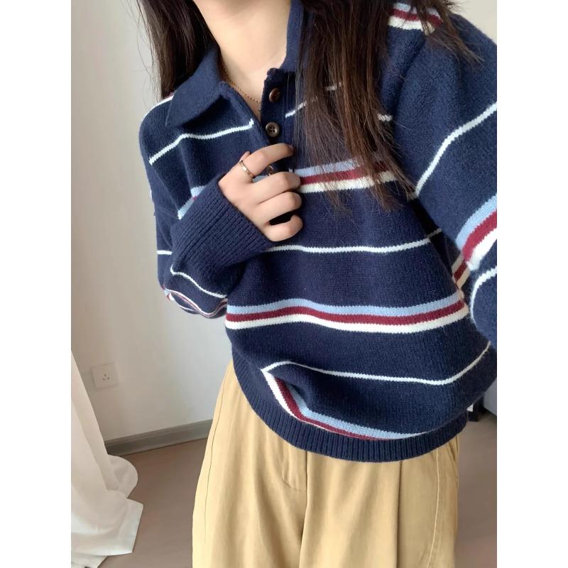 

Premium contrasting striped knitted sweater temperament polo collar niche sweater women s autumn and winter new retro long-sleeved top L темно-синий
