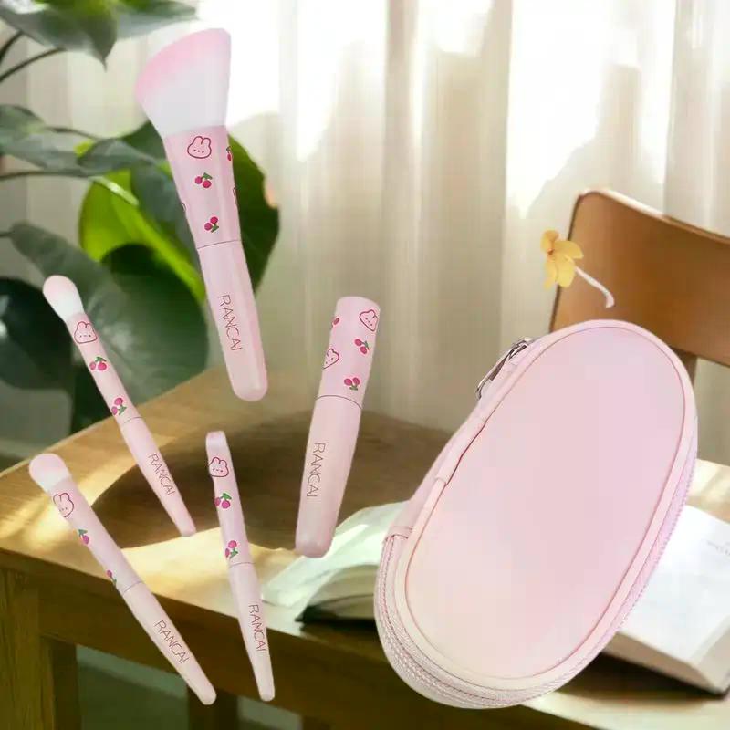 5pcs Cute Compact Makeup Brush Set With Case Premium Brush For Flawless Foundation, Blush, Eyeshadow Application Beauty Tools