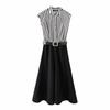 European and American Women's Clothing Summer New Fashion Temperament Commuter Sleeveless Striped Splicing Belt Midi Dress Women