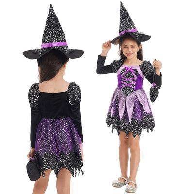 Dětské Dívčí Halloween Lesklý hvězdný potisk Oblečení s čarodějnickým úborem Šaty s dlouhým rukávem do ruky Taška na cukroví a čarodějnický klobouk