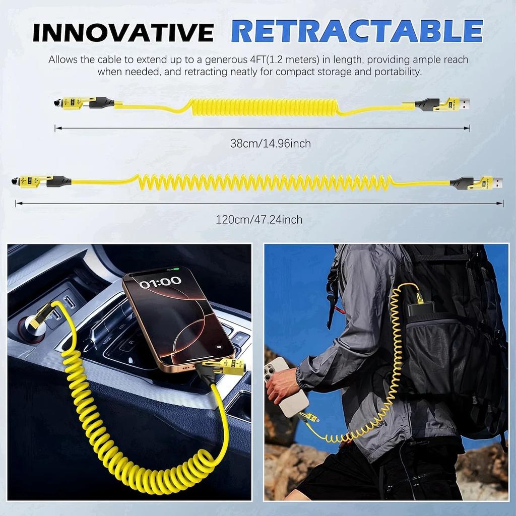 Retractable 4-in-1 Fast Charging Cable 65W USB-C PD 1 2m Spring Charger for iPhone iPad Android Laptops