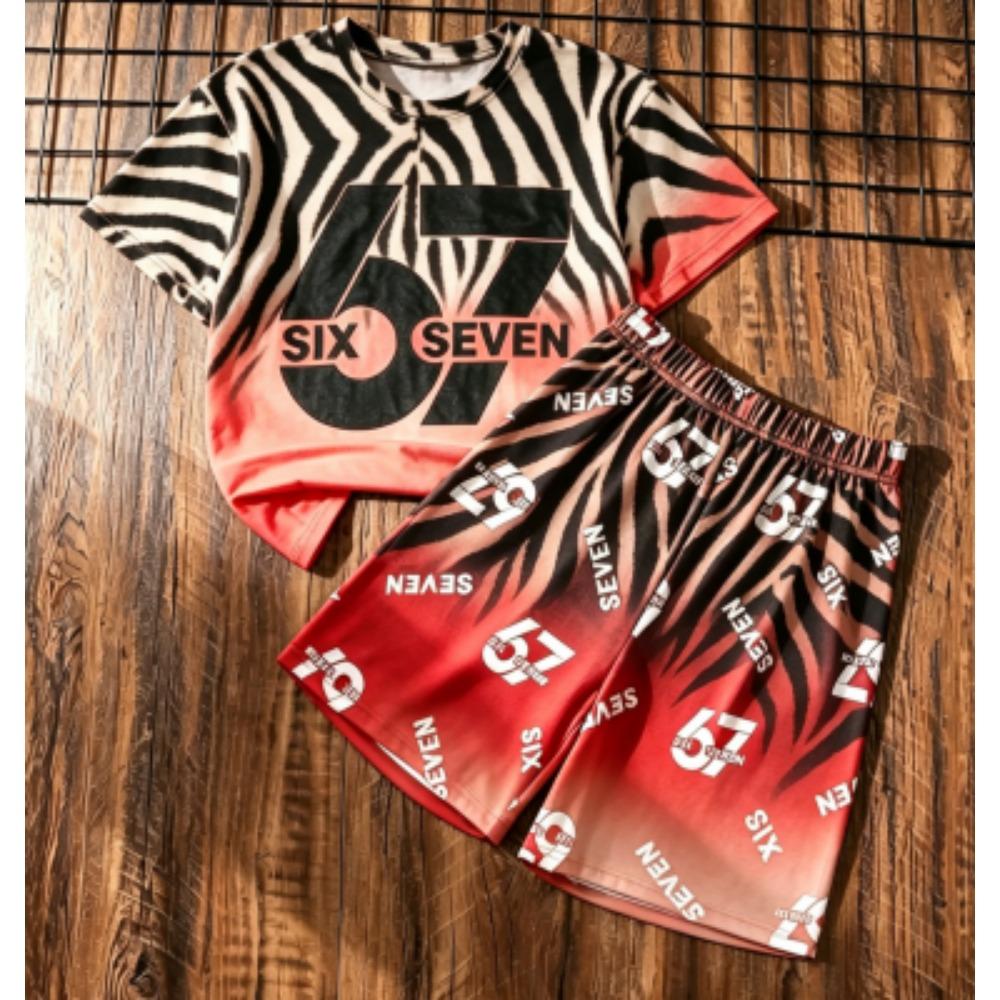 Kids Set Zebra Stripe 67 Number Printed Kids T-shirt and Shorts 2 Piece Set Summer Street Casual Outdoor Boy's and Girl's T-shirt Sets