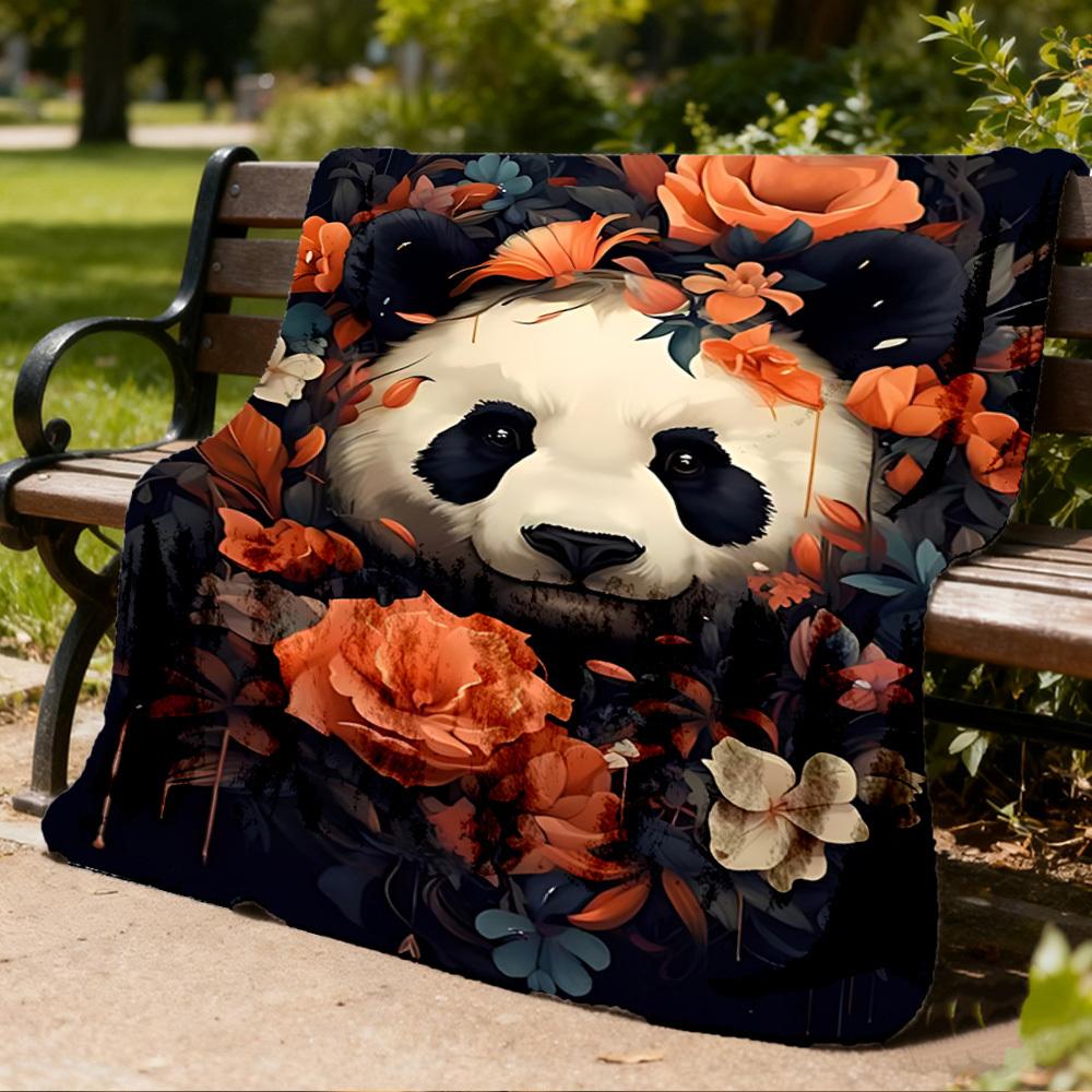 1pc Panda Floral Decor Throw Blanket Polyester Fiber, Lightweight Flannel, Soft & Warm, All Season Use for Outdoor, Camping Digital Print