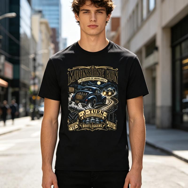 Moonshine Run Vintage TShirt Bootlegger Stock Car Racing History Tee Vintage Night Road Graphic Print Soft Cotton Crew Neck