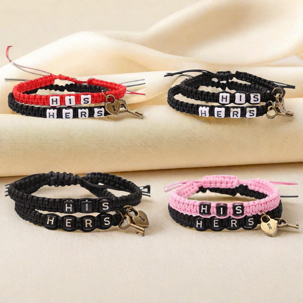 Trendy HIS HERS Couple Bracelet with Lock & Key Pendant and Woven Lanyard