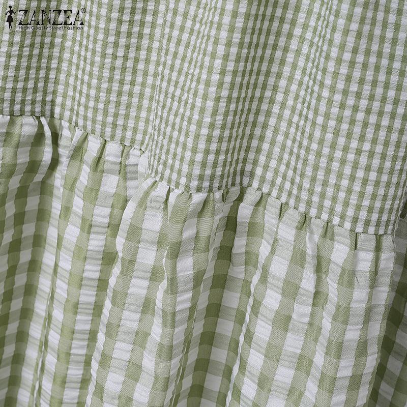 ZANZEA Women Summer Round Neck Sleeveless Grid Print Dress