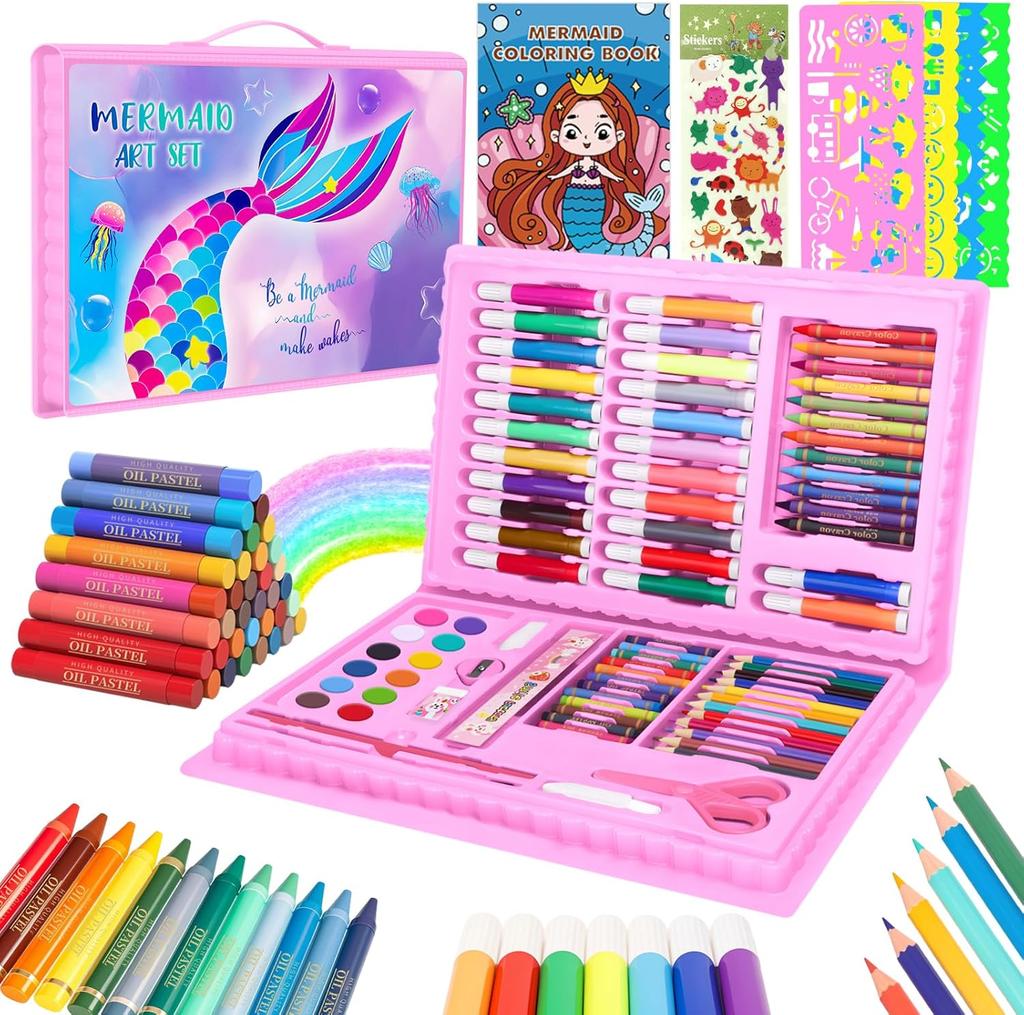 Coloring Book Set for Kids, Dinosaur Drawing & Coloring Set with Crayons, Colored Pencils, Markers, Sketchbook, Watercolor Cakes