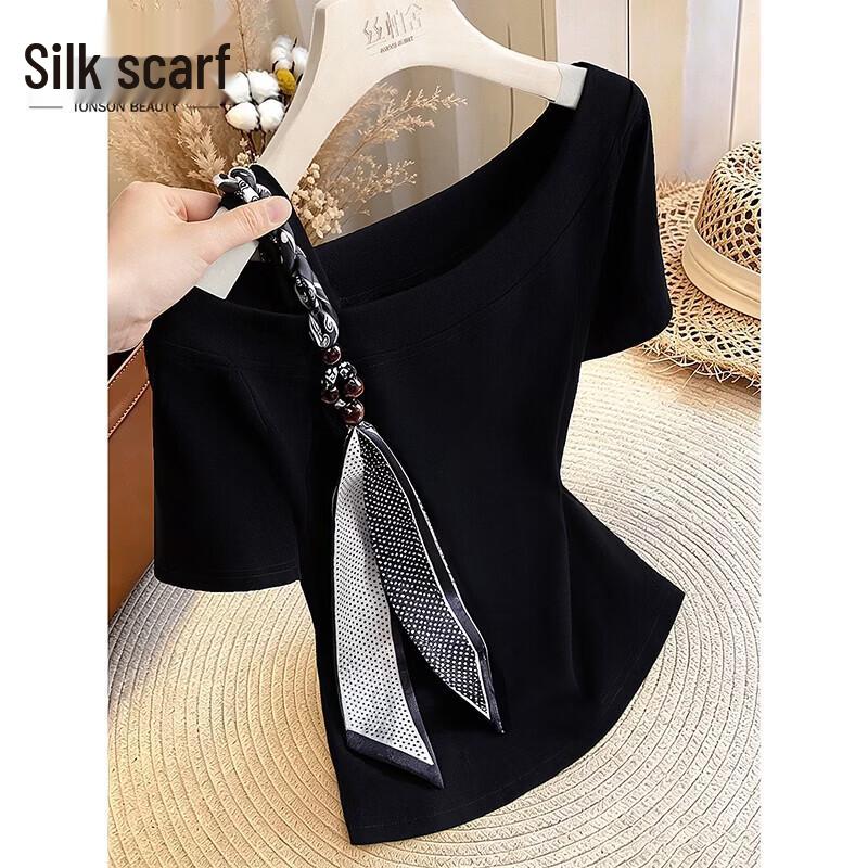Stylish Slim-fit Slash Neck Short Sleeve T-shirt L