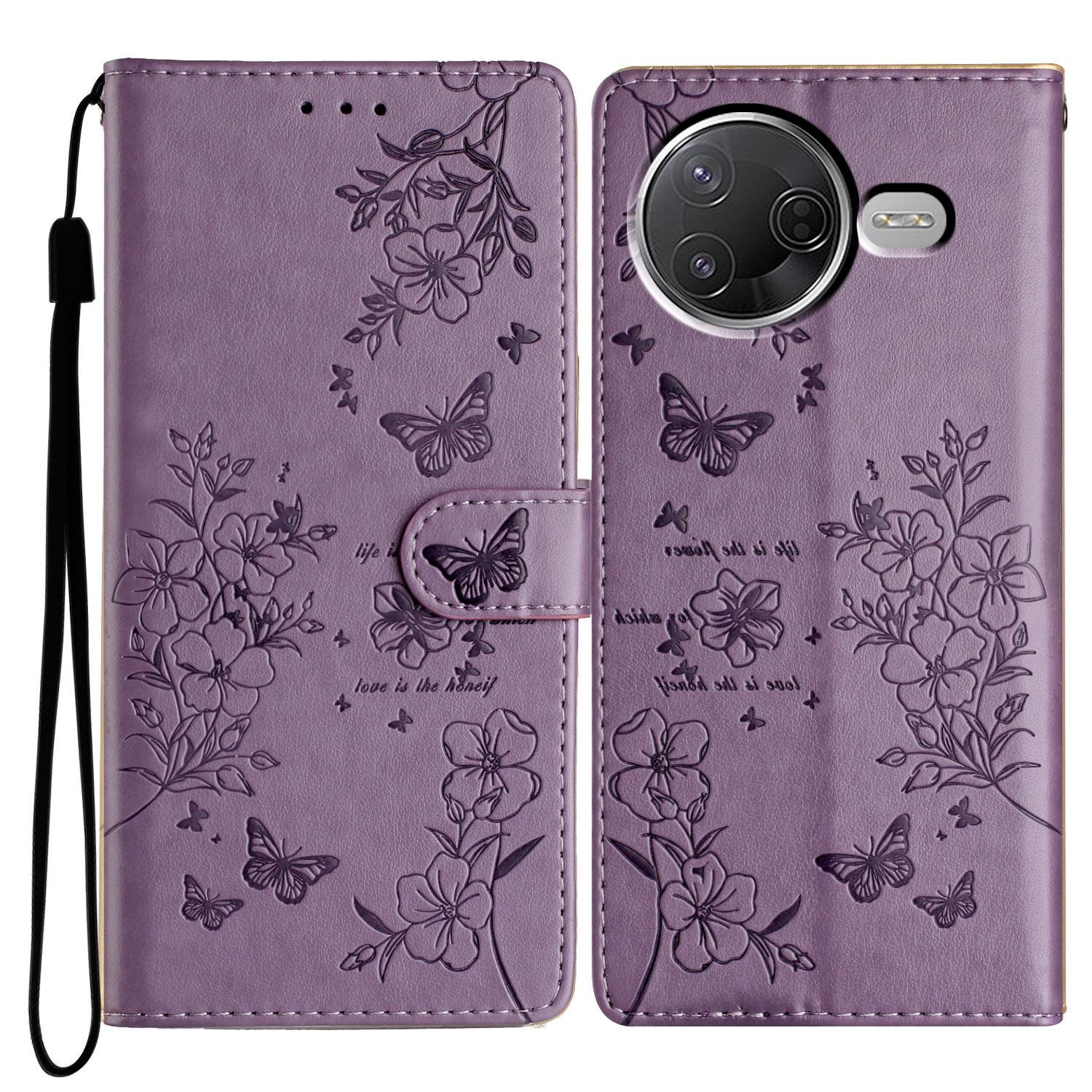 

Wallet Phone Case for Xiaomi Poco F7 Pro 5G/F7 Ultra 5G/Redmi K80 Pro 5G/K80 5G Butterfly Floral Imprint Leather Flip Cover with Strap Purple