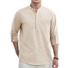 Spring Autumn Cotton Linen T-shirt for Men Solid Color Long Sleeve Henley Neck Breathable Lightweight Men's Casual Button Top