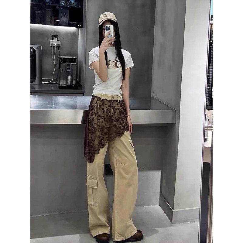 

2025 Asymmetrical Lace Patchwork Khaki Cargo Pants - Women s Winter Casual Wide-Leg Trousers Extra Large