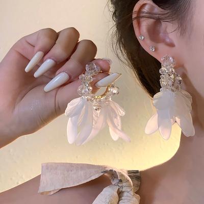 Glass Acrylic Petal Fringed Earrings Fashion Super Fairy Stud Earrings High Sense Personality Temperament Earrings