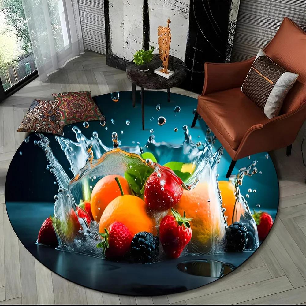 3D Niedlicher Tropenfrucht-Druck Runder Teppich Cartoon Früchte Teppich für Wohnzimmer Schlafzimmer Spielzimmer Badezimmer Dekor Rutschfeste Bodenmatte