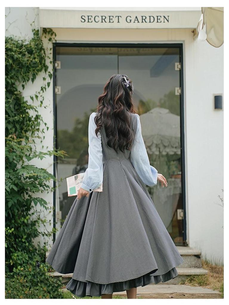 Retro Academy Style Doppellagiges Westenkleid mit Hemd mit Umlegekragen