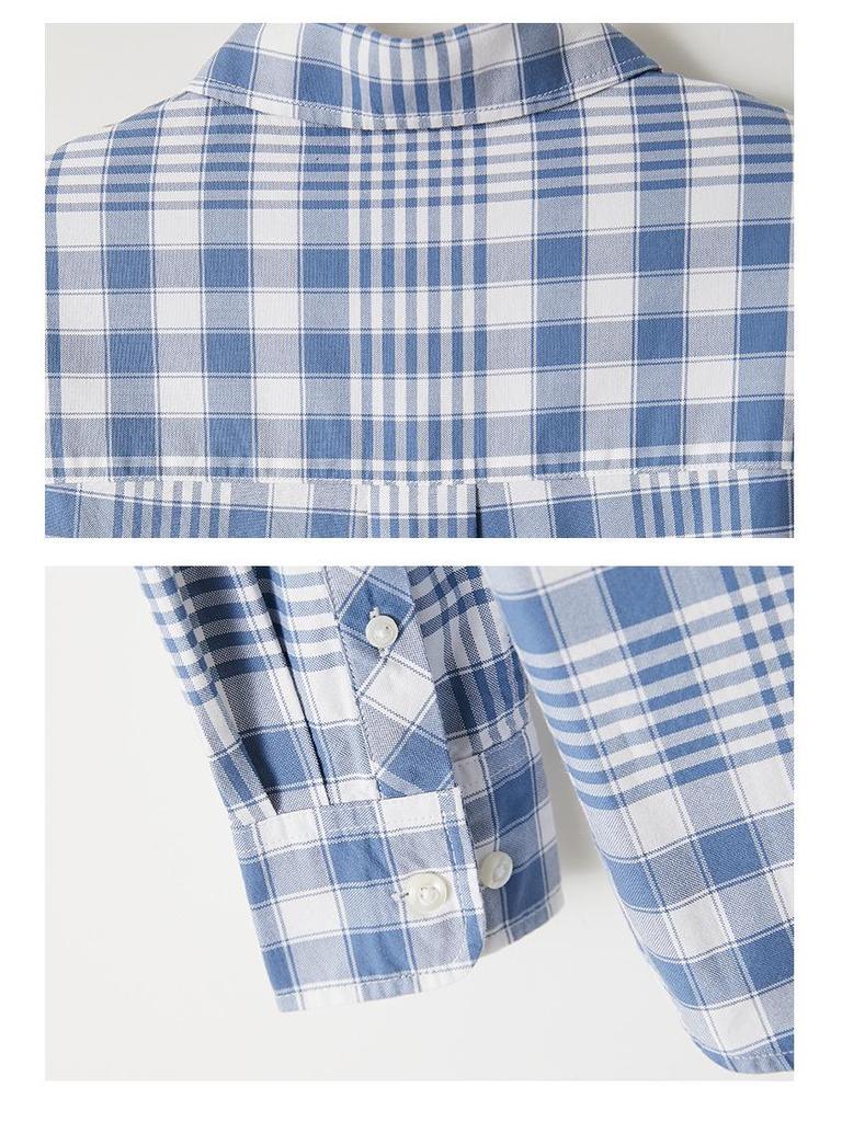 Women's Long Sleeve Plaid Shirt - Blue Cotton Cocoon, Mid-Length, 2026 Spring/Autumn Collection