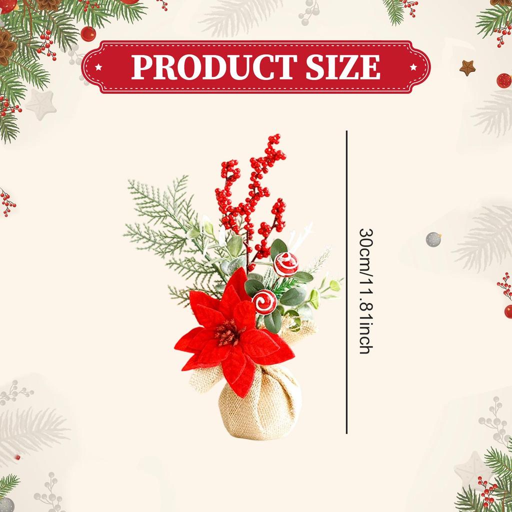 Desktop Xmas Tree Decoration with Red Berries and Burlap Base Mini Christmas Decor for Home Office Party