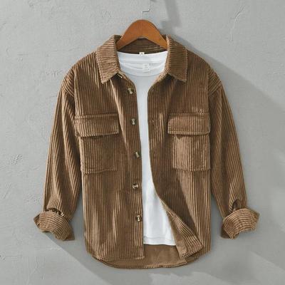 Men's Retro Corduroy Long-Sleeve Shirt, Japanese Hong Kong Trend, Casual Loose Fit, Thickened Workwear Jacket for Autumn and Winter