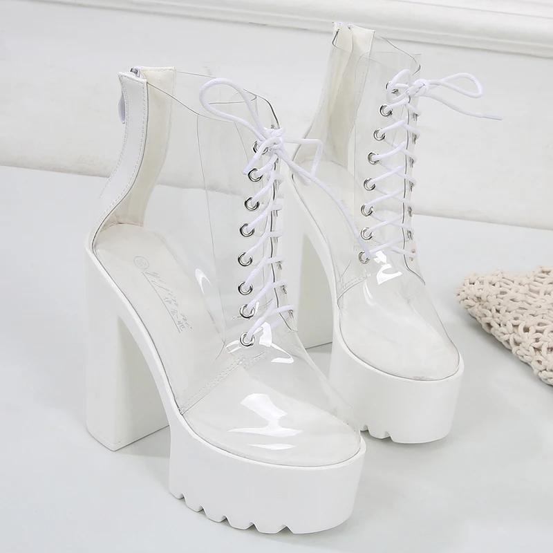 Fashion Women's Thick Platform Pvc Ankle Boots Square Chunky High Heels White Round Toe Female Shoes Concise Modern Casual Office