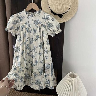 Korean Style Girls Summer Floral Dress Children's Breathable Cotton Ruffled Sleeve Princess Dress