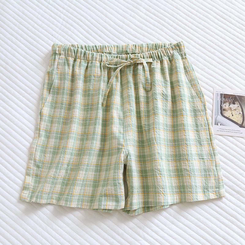 Par pyjamas sommer bomullsgasbind shorts japansk stil enkel elastisk midje uformell stor størrelse gitter hjemmebukser for menn og kvinner