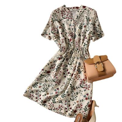 Floral Dress Summer Fresh Cool Plant Printed Drawstring Slim Lace-up V-neck Short-sleeved Chiffon Dress