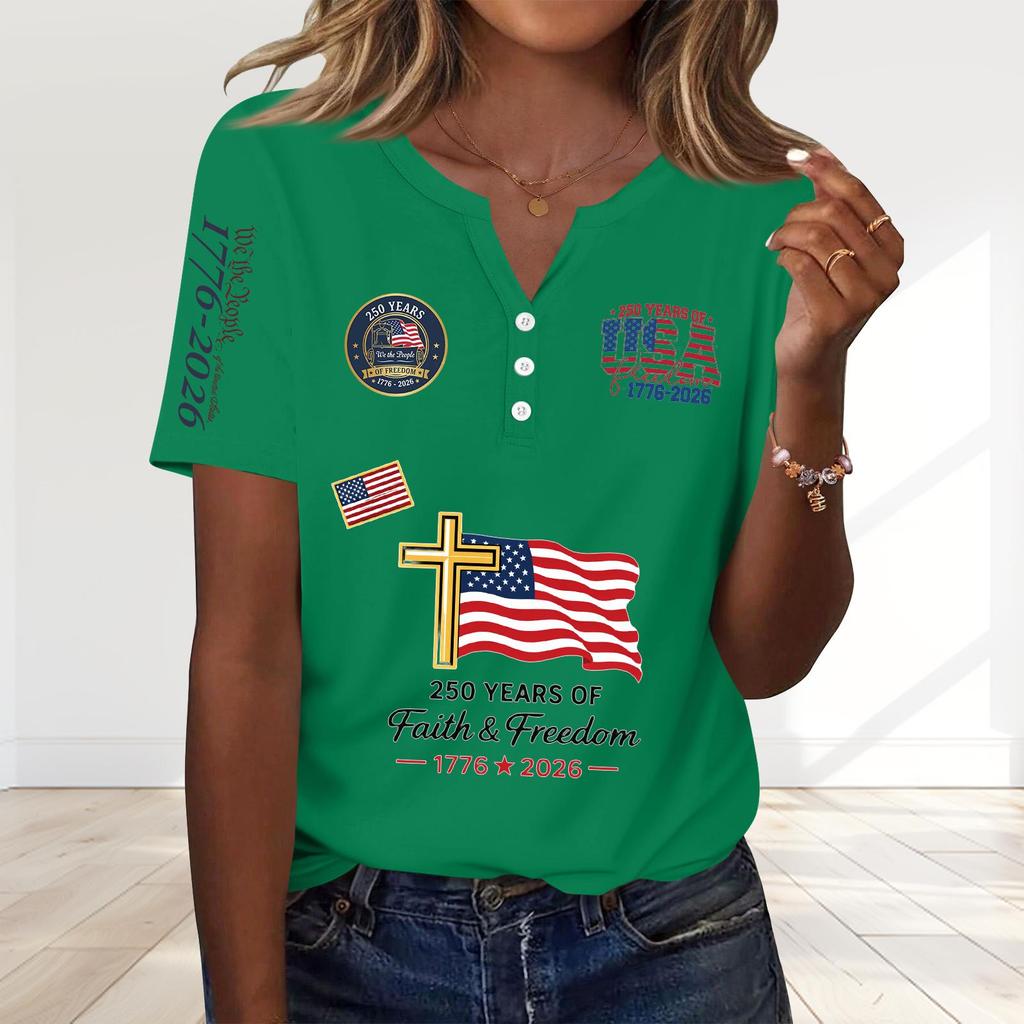 Women's Fashion Casual 250th Anniversary Independence Day Print V-Neck Short Sleeve Decorated Button-Up T-Shirt