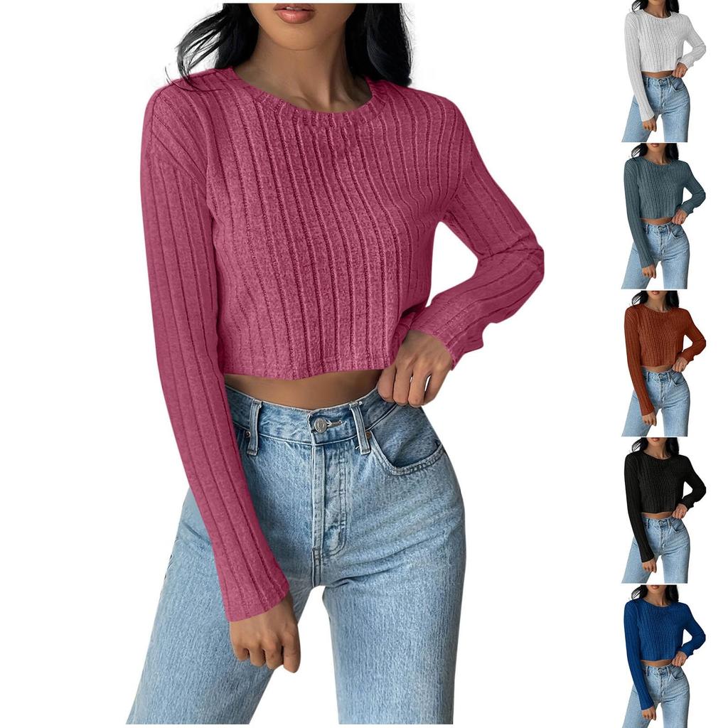 Women's Fashionable Solid Color Round Neck Long Sleeved Casual T-shirt Casual Top