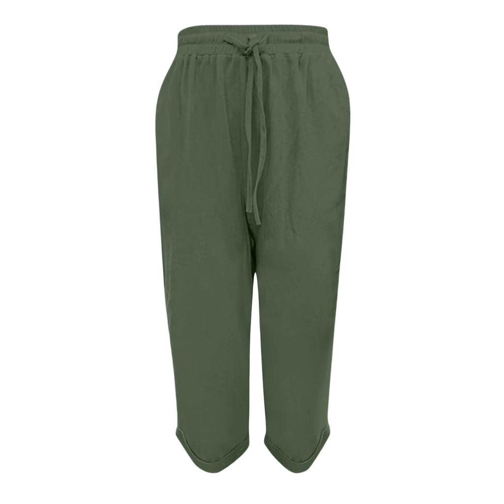 Women's Cotton And Linen Pocket Elastic Casual Pants Five Quarter Pants