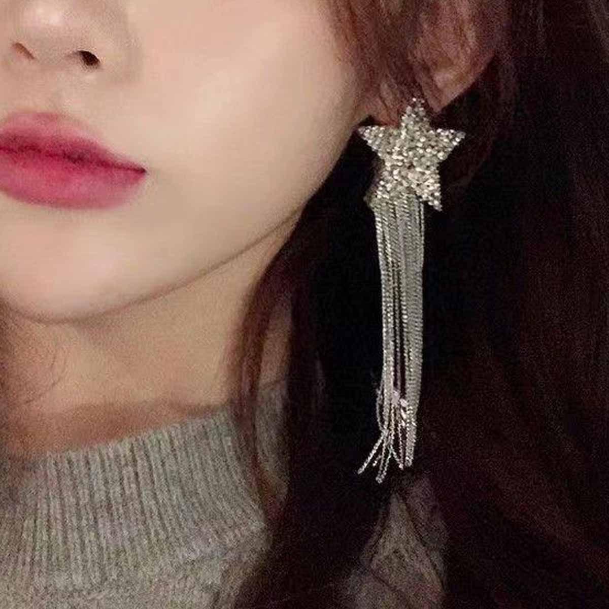 Women s Five-Pointed Star Tassel Stud Earrings - Trendy Korean-Inspired, Two-Way Wear Jewelry серебряный