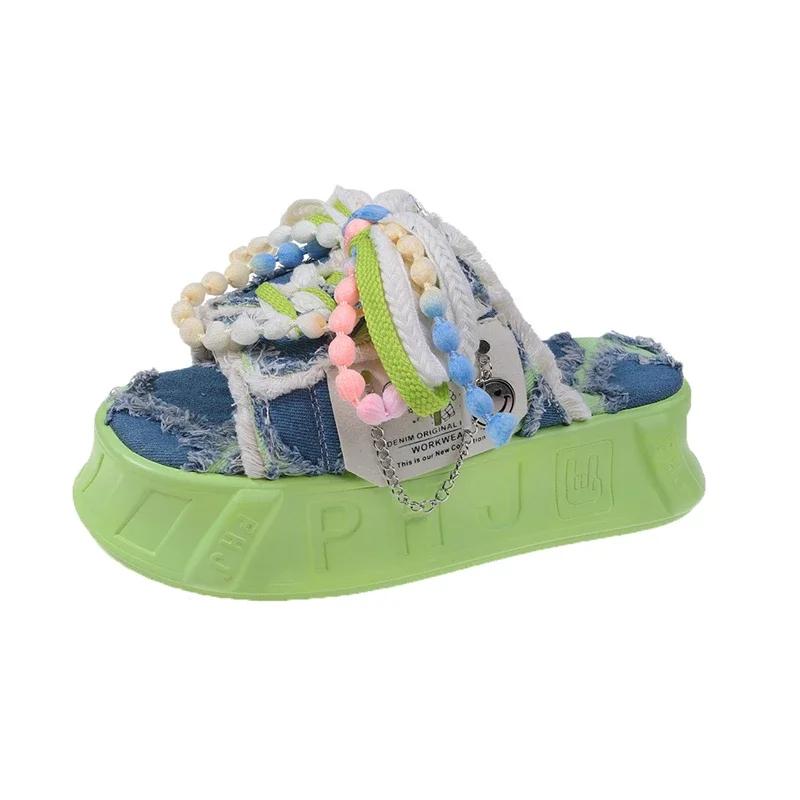 

5 см панк-стиль граффити тапочки для женщин толстые подошвы рельефный холст одна линия перетаскивание женские модные кексы для внешней носки 35