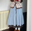 Art Gallery Girl Burán Patchwork Corduroy A-Line Skirt - Vintage High-Waist Blue Heavywork Midi Half Skirt for Fall/Winter