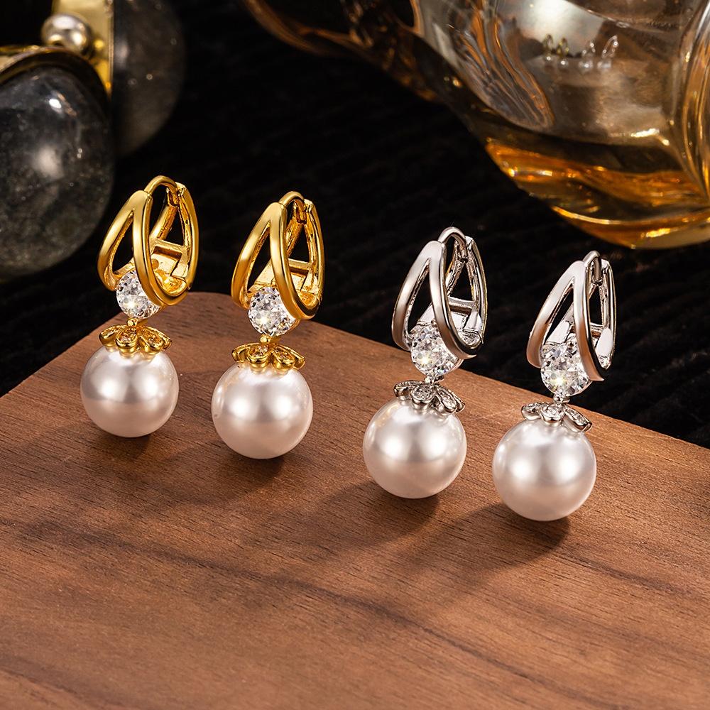 Elegant Female White Zircon Pearl Hoop Earrings Trendy Fashion Silver Gold Color Wedding Jewelry For Women