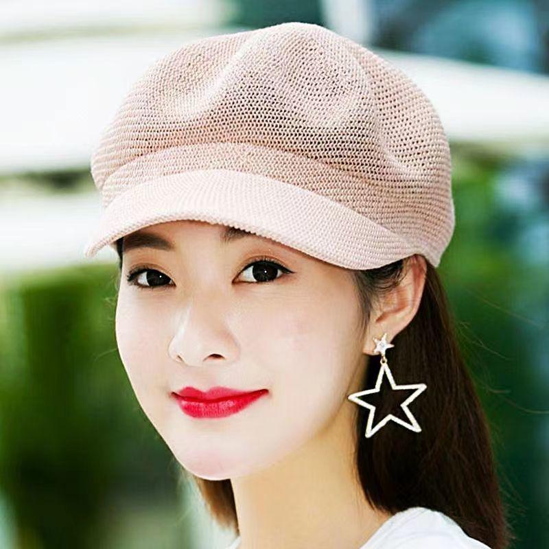 Women's Knitted Newsboy Cap Breathable Mesh Summer Beret Hat, Lightweight Hollow Out Peaked Cap for Casual Wear