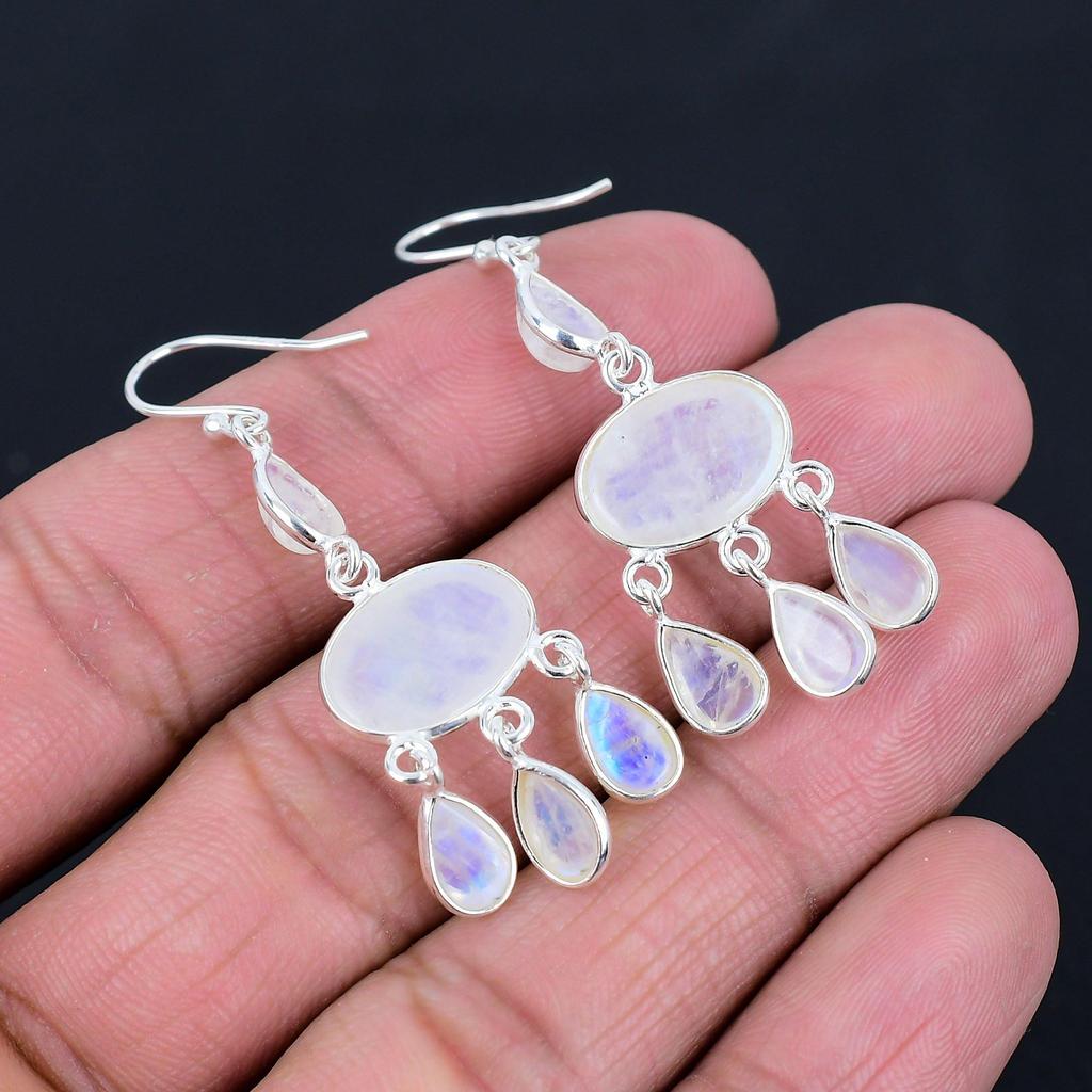 Rainbow Moonstone Gemstone Earrings Solid 925 Sterling Silver Handmade Earrings Jewelry Gift For Women And Girls E-2292