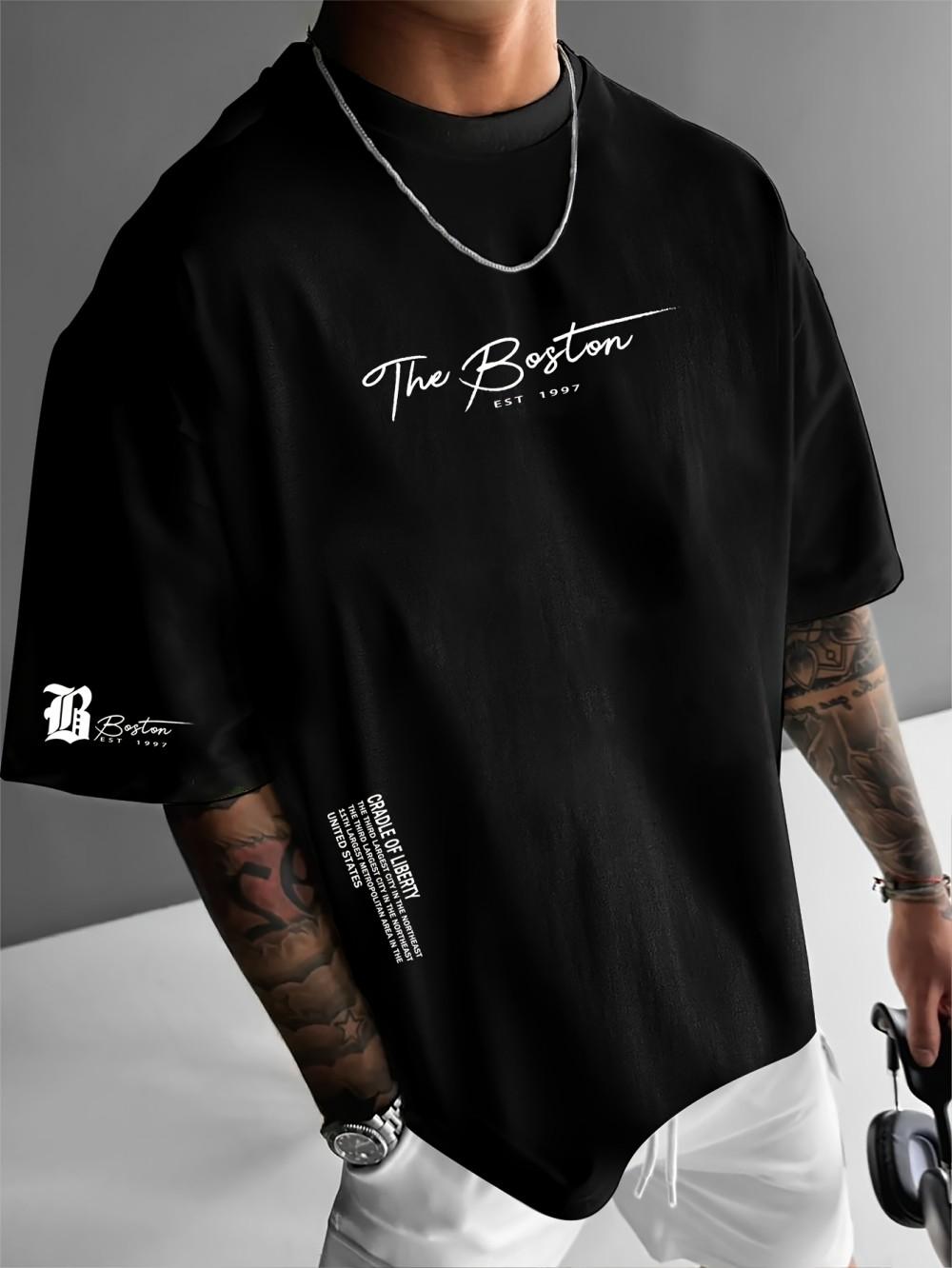 

New men s polyester fabric casual comfortable breathable round neck T-shirt with letter pattern suitable for outdoor sports S