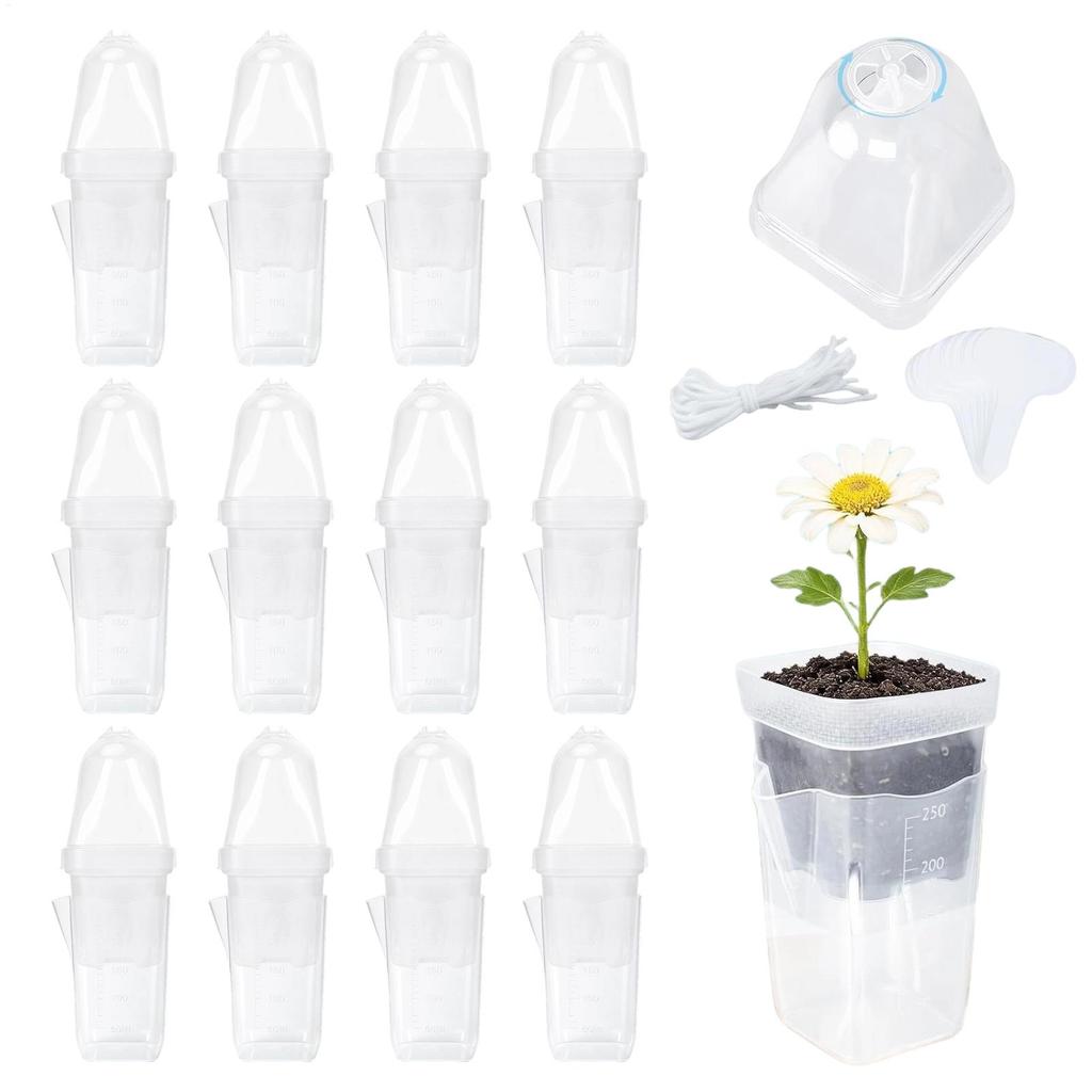 Self Watering Pots 12pcs 2inch Clear Plant Pots with Humidity Dome Adjustable Vent and 150ml Reservoir for Seedlings Propagation
