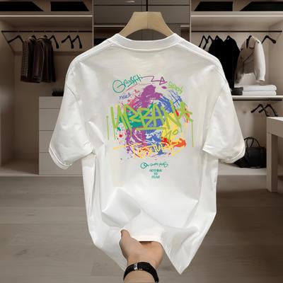 Heavy Cotton Trendy Brand Graffiti Printing Round Neck Short Sleeve Men's Loose Casual Versatile White T-shirt