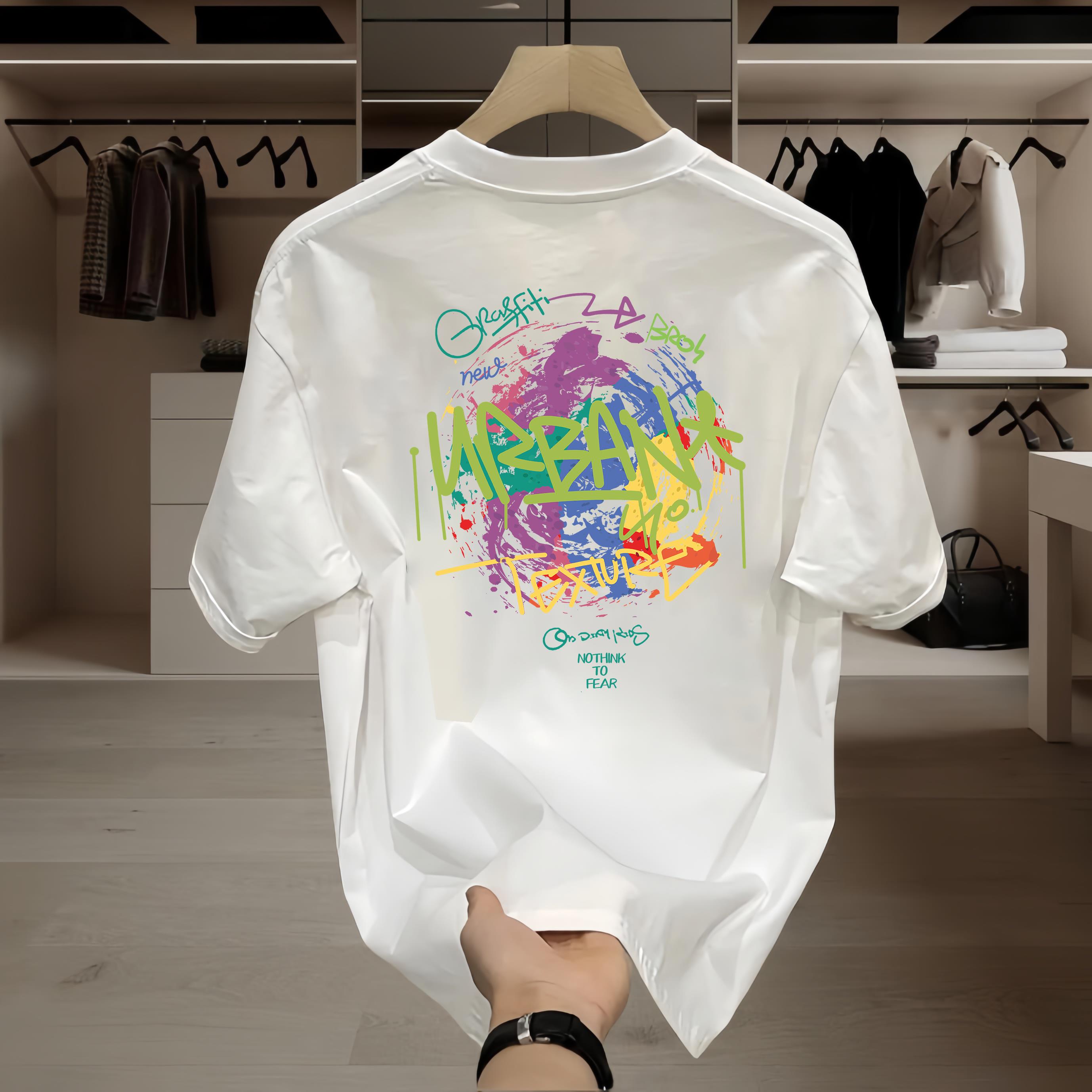 

Heavy cotton trendy brand graffiti printing round neck short sleeve men s loose casual versatile white T-shirt S