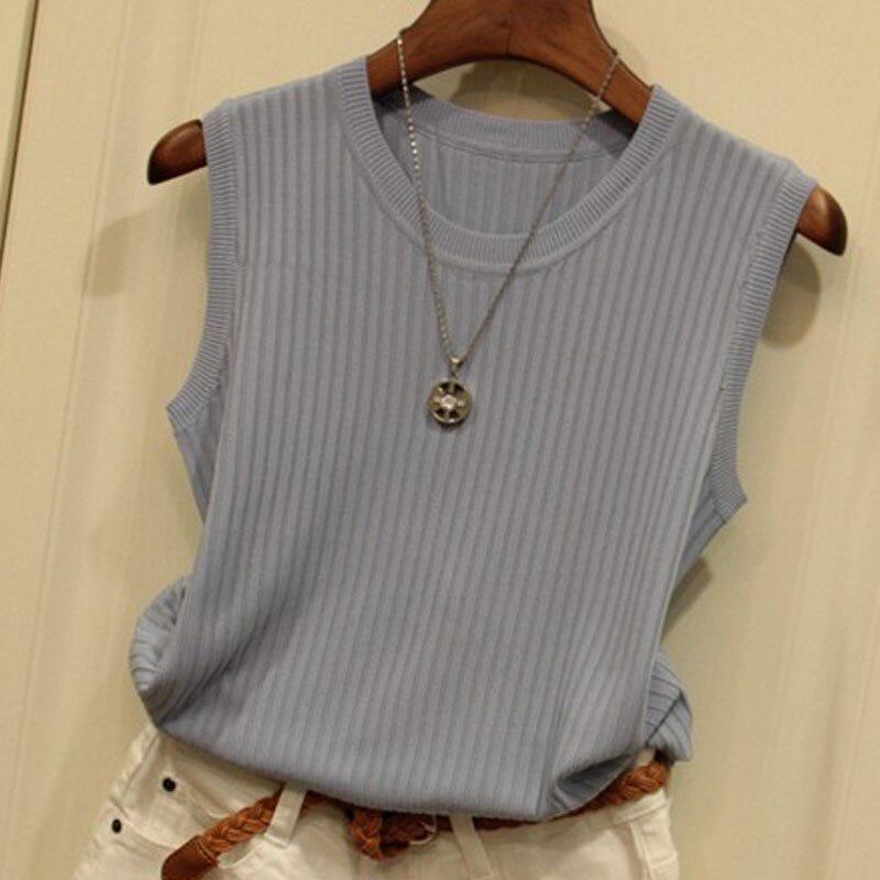 Sleeveless Knitted Vest Gym Tank Top Women Round Neck Fashion Ice Silk Thin Shirt Summer Wide Shoulder Loose Blusas 4588 50